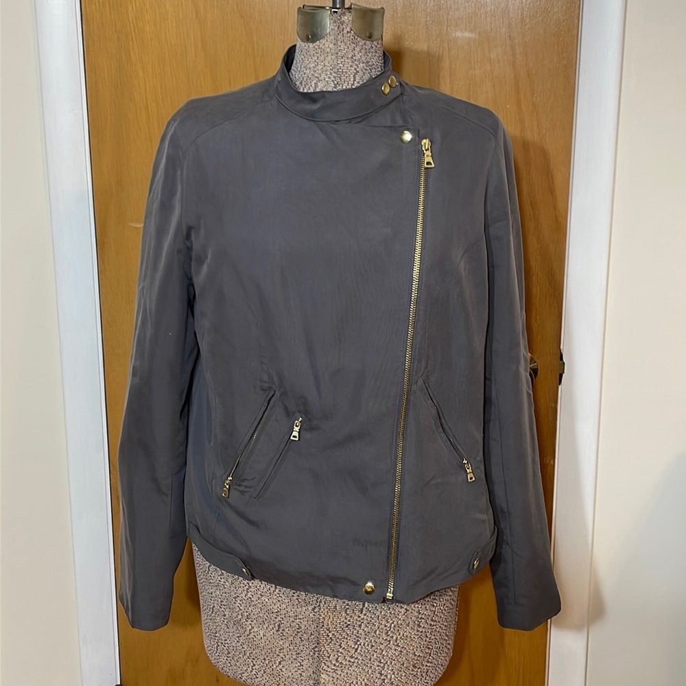Apt. 9 Womens Large Bomber Jacket Gray with Gold Zippers and Snaps